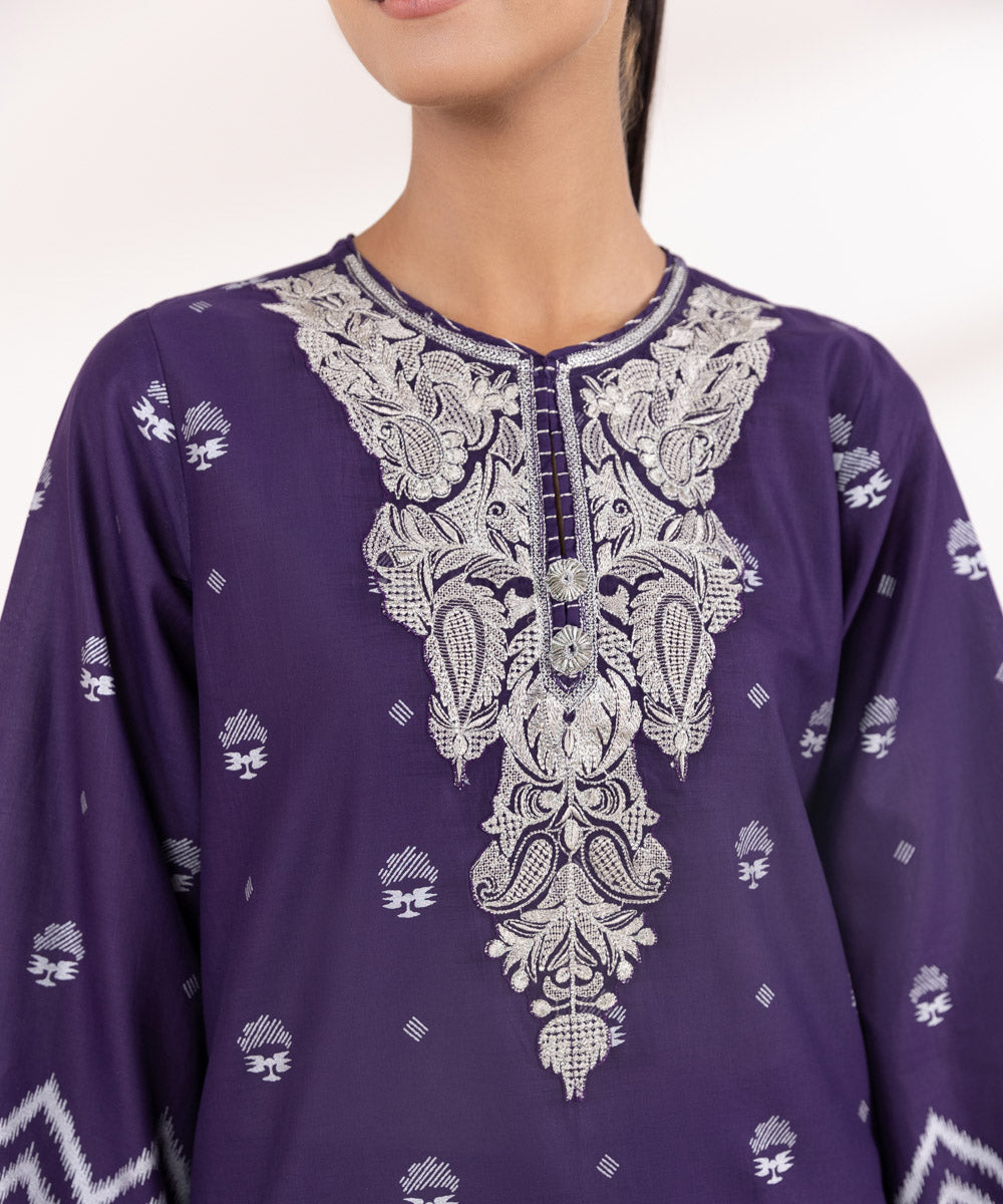 Women's Pret Cambric Purple Embroidered A-Line Shirt