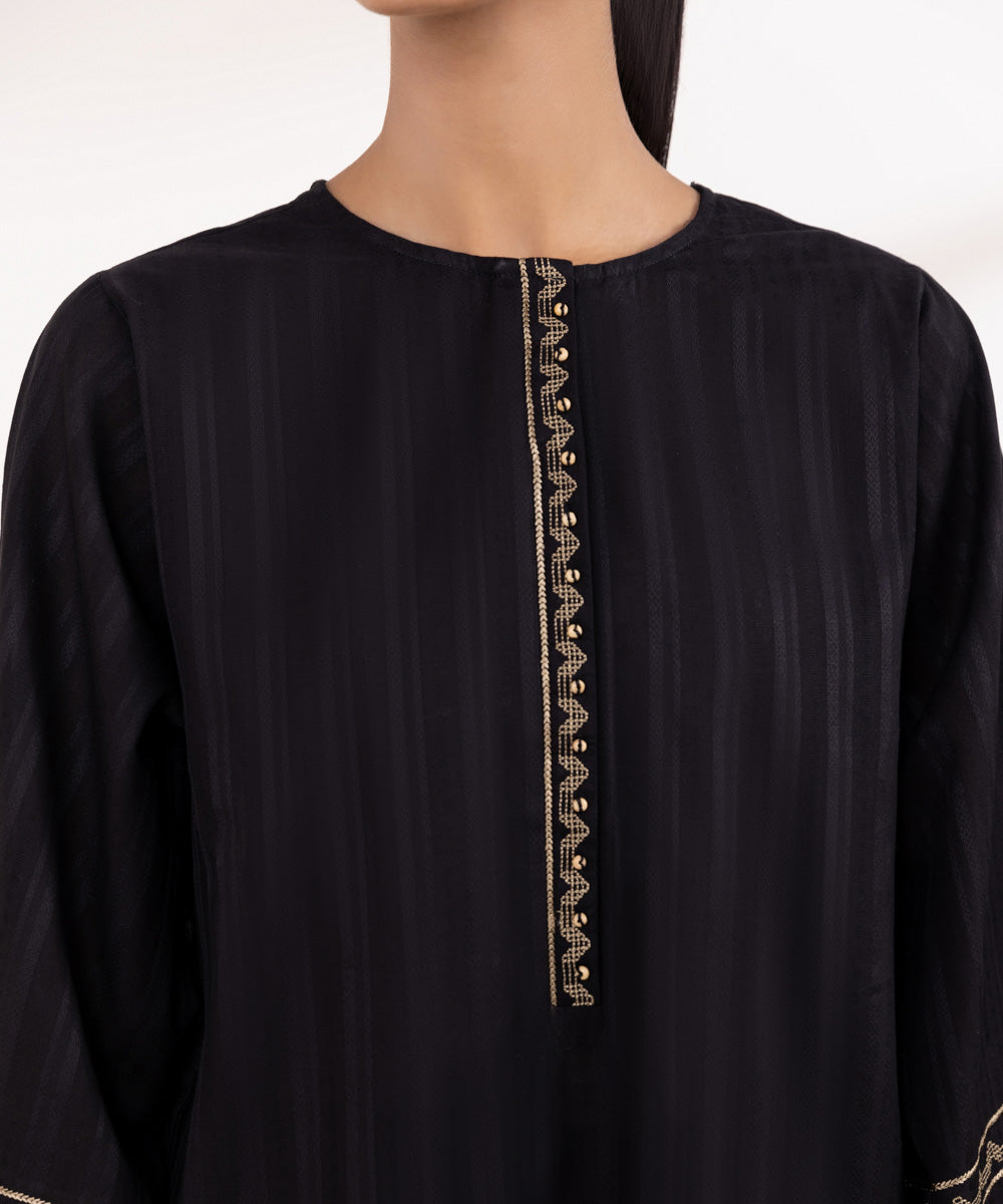 Women's Pret Dobby Black Embroidered Boxy Shirt