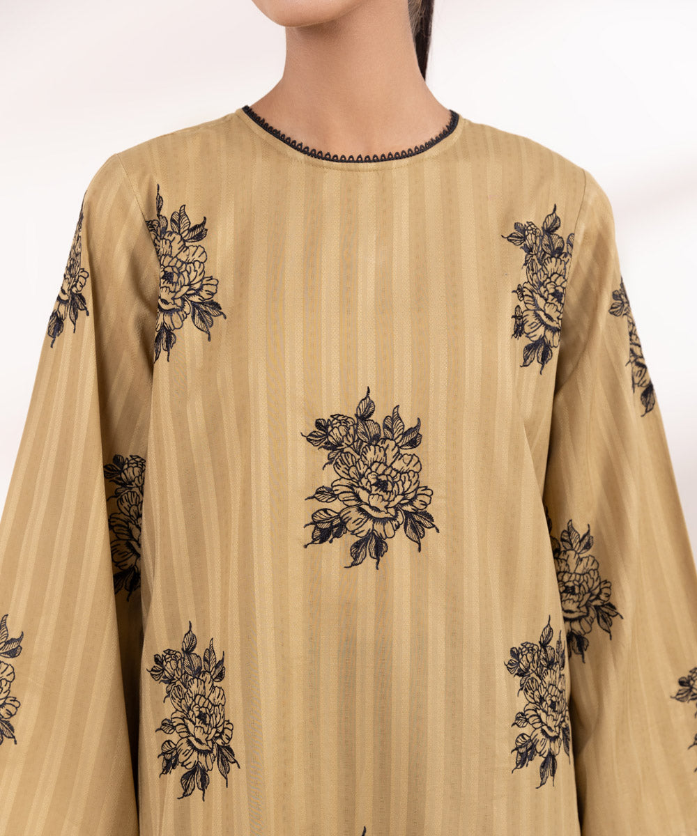 Women's Pret Dobby Brown Embroidered A-Line Shirt