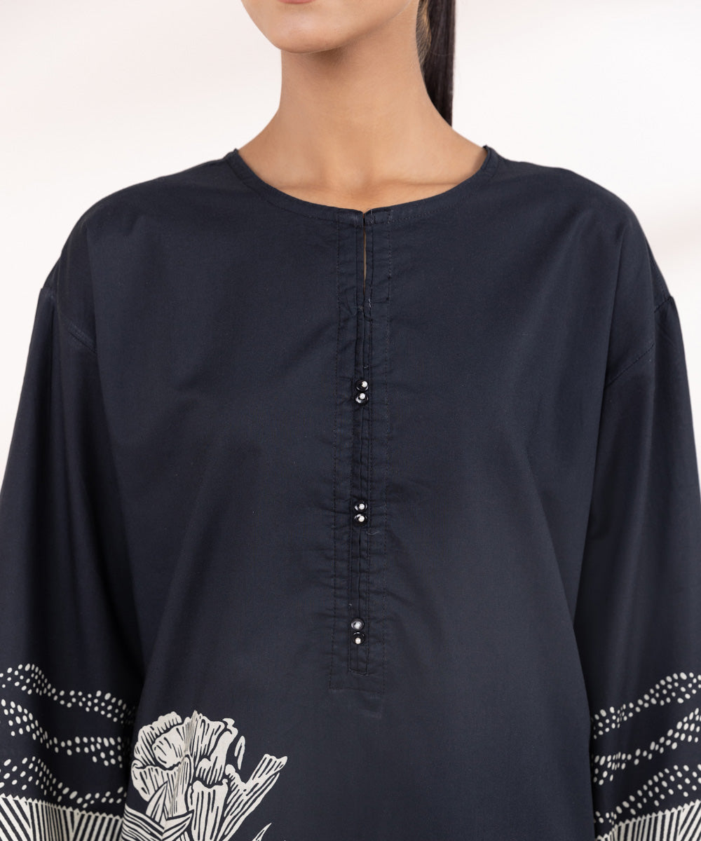 Women's Pret Cambric Black Printed Boxy Shirt