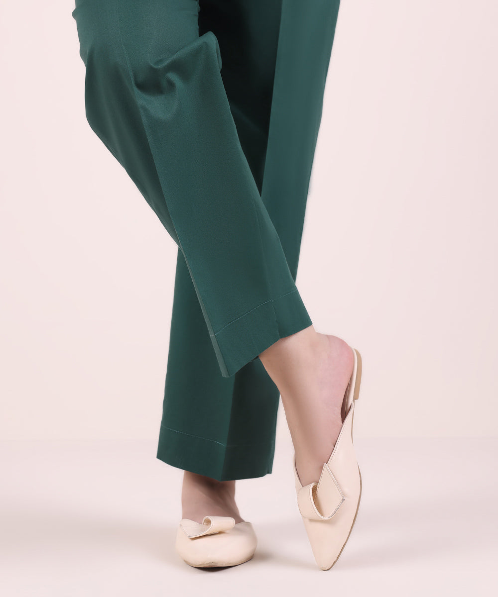 Women's Pret Cambric Solid Dark Green Straight Pants