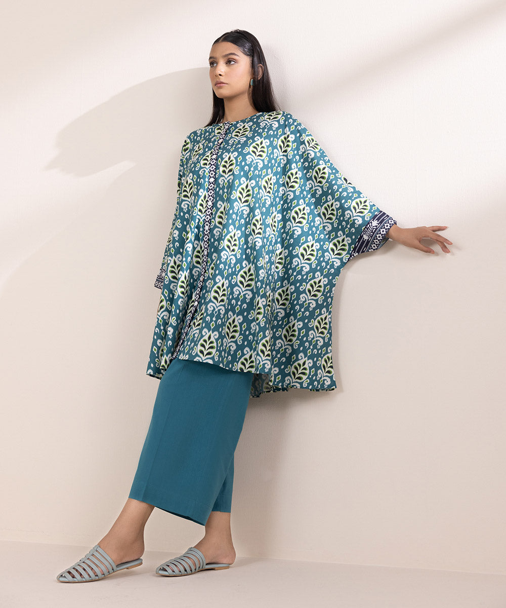 Women's Pret Cotton Viscose Printed Teal Kaftan