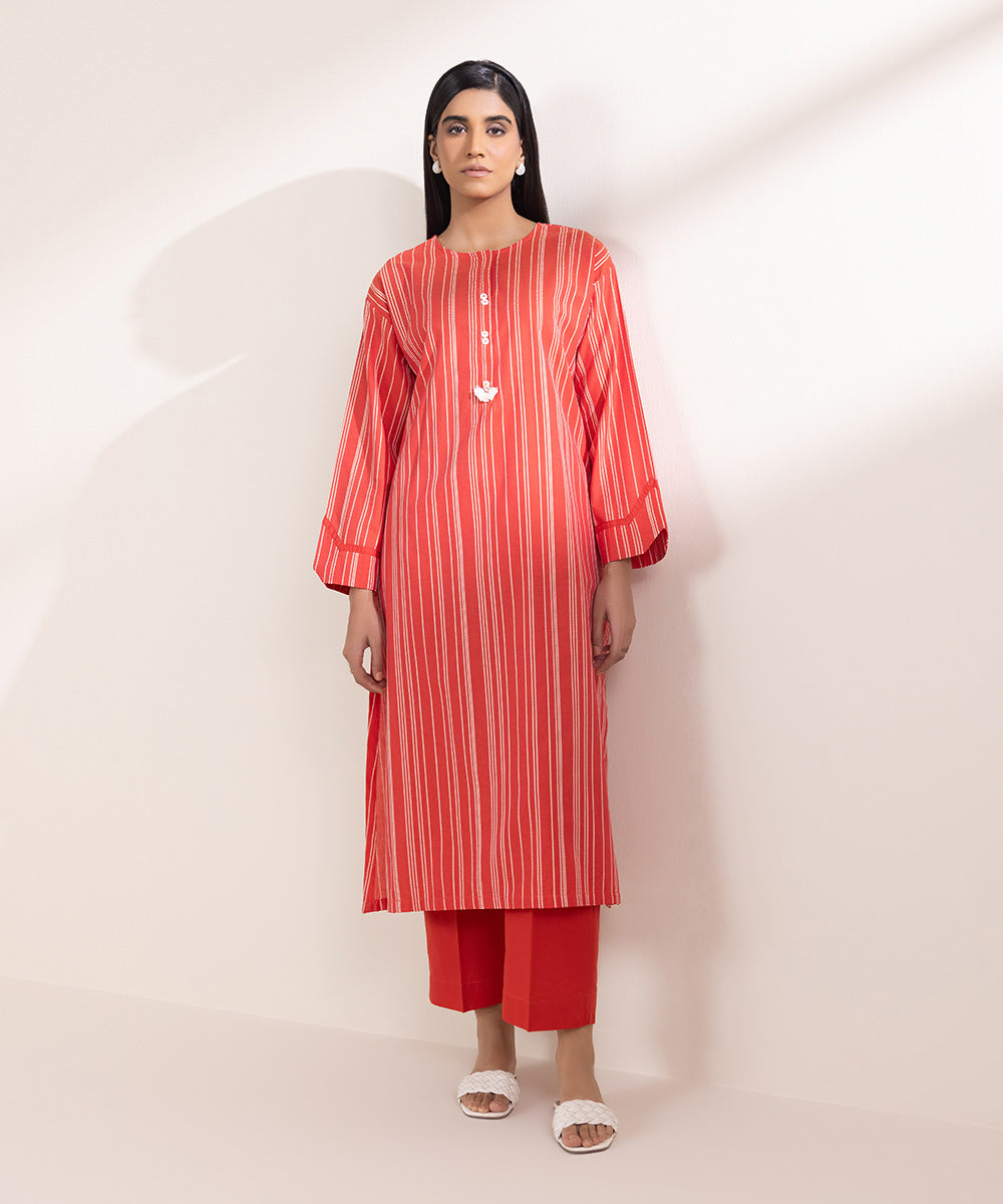 Women's Pret Yarn Dyed Solid Coral Boxy Shirt