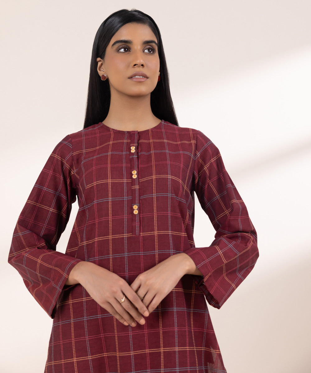 Women's Pret Yarn Dyed Solid Deep Red A-Line Shirt