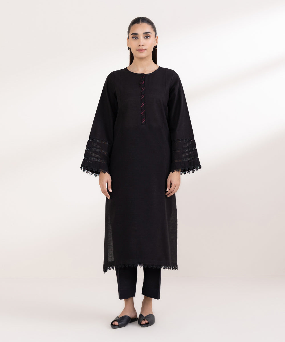 Women's Pret Light Khaddar Solid Black A-Line Shirt