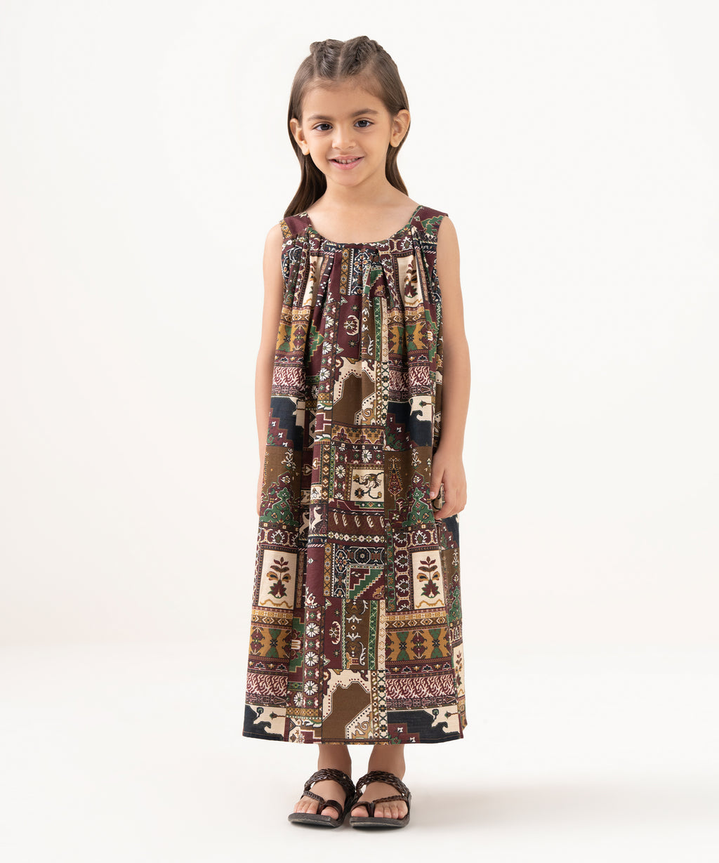 Girl's Light Khaddar Printed Brown A-Line Shirt