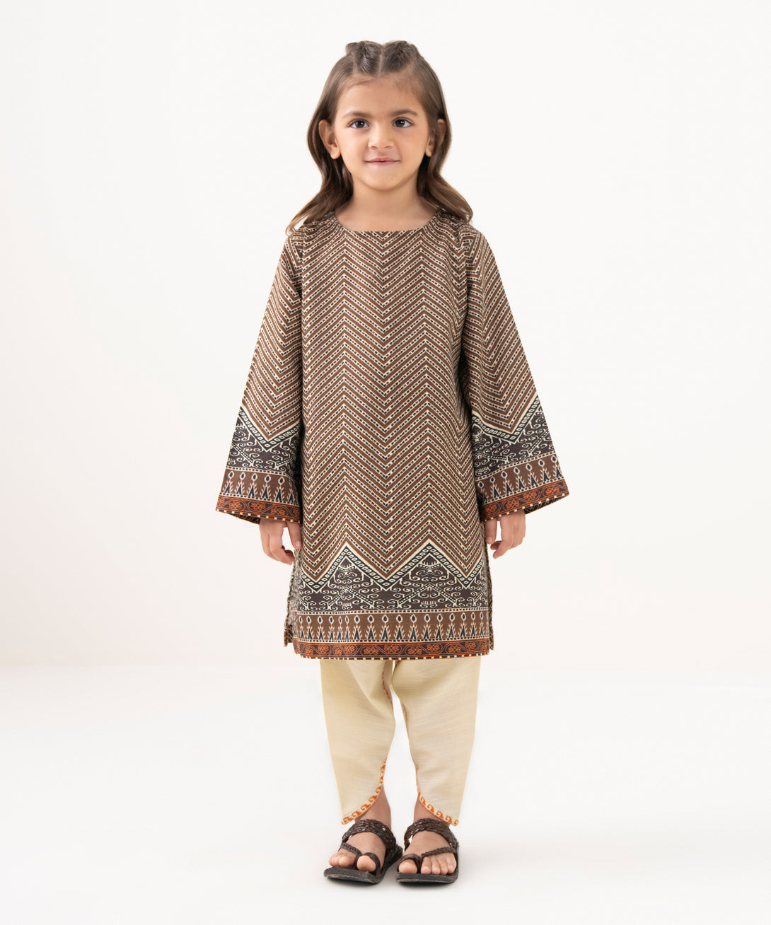 Girl's Light Khaddar Printed Brown 2 Piece Suit