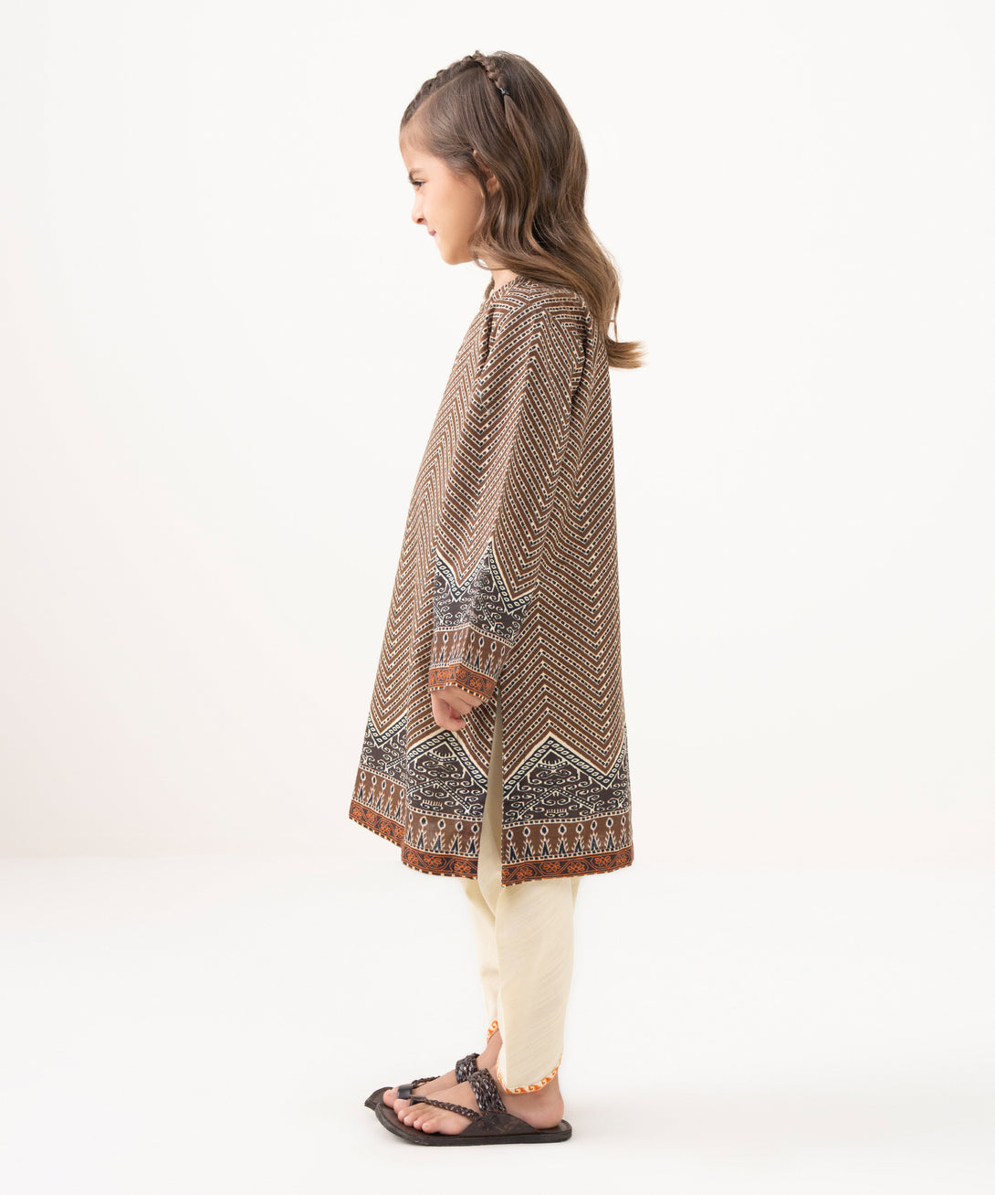 Girl's Light Khaddar Printed Brown 2 Piece Suit