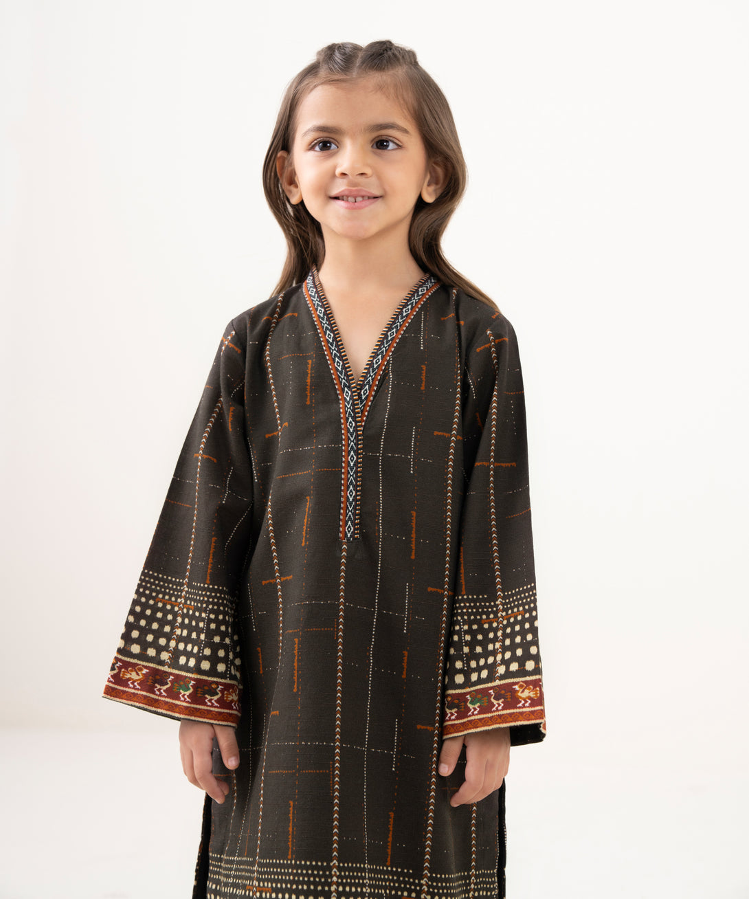 Girl's Light Khaddar Printed Brown 2 Piece Suit