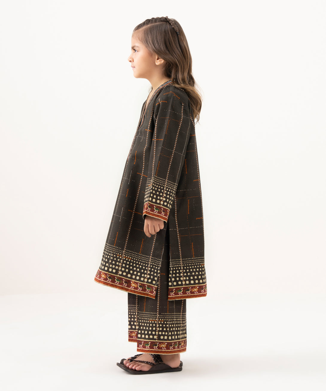 Girl's Light Khaddar Printed Brown 2 Piece Suit