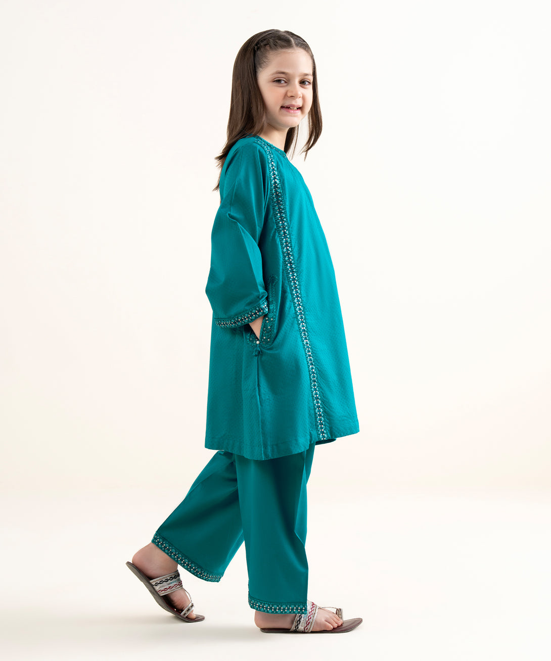 Girls Two Piece Embroidered Textured Lawn Suit