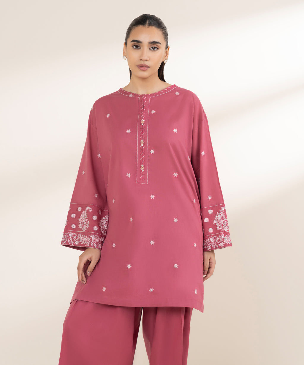 Women's RTW Textured Lawn Pink Embroidered Boxy Shirt