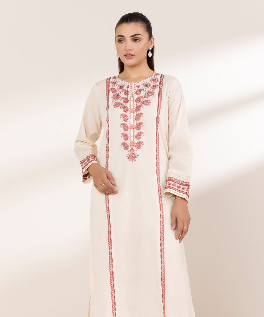Women's RTW Textured Lawn Pink Embroidered A-Line Shirt