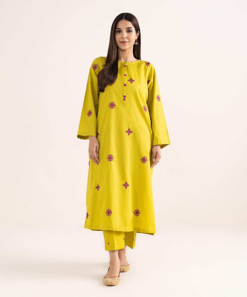 Women's RTW Textured Cotton Lime Green Embroidered A-Line Shirt