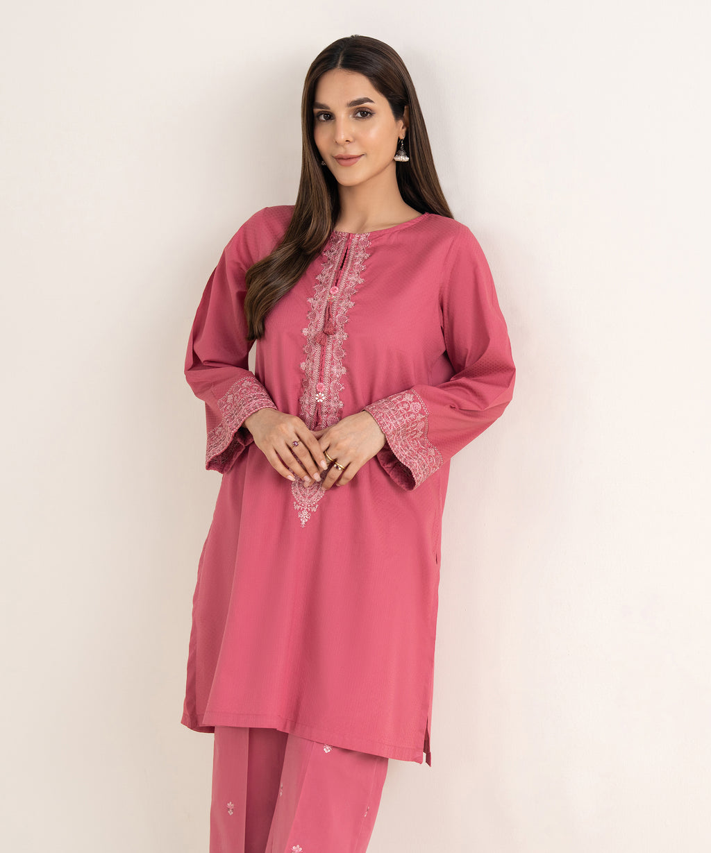 Women's RTW Textured Cotton Pink Embroidered A-Line Shirt