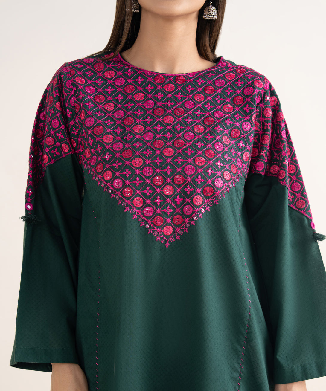 Women's RTW Textured Cotton Green Embroidered A-Line Shirt