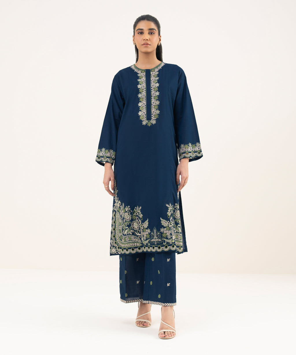Women's RTW Cross Hatch Blue Embroidered A-Line Shirt