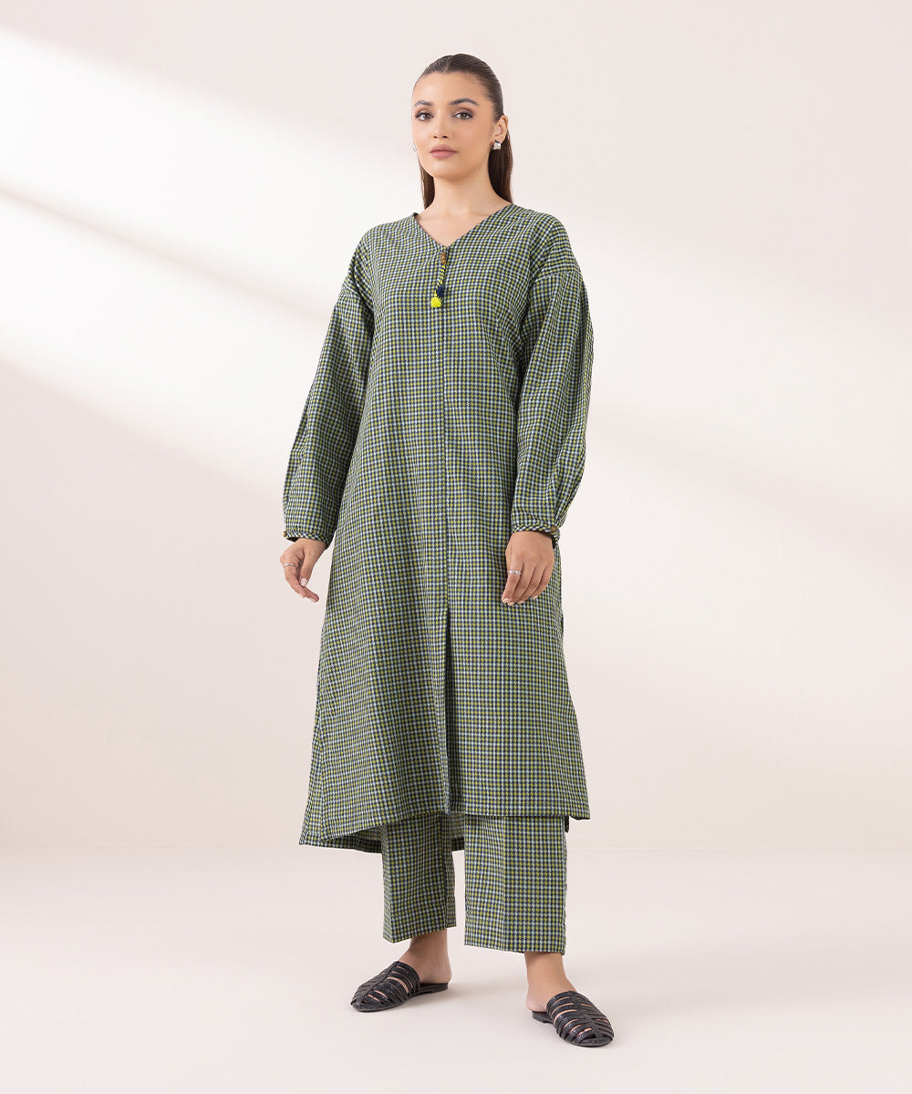 Women's Pret Yarn Dyed Solid Green A-Line Shirt