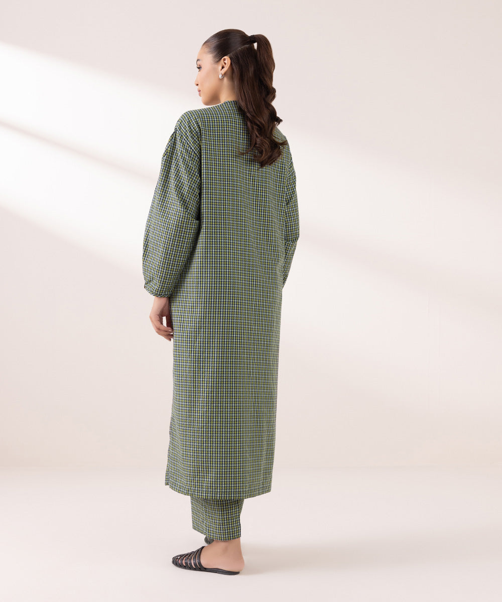 Women's Pret Yarn Dyed Solid Green A-Line Shirt