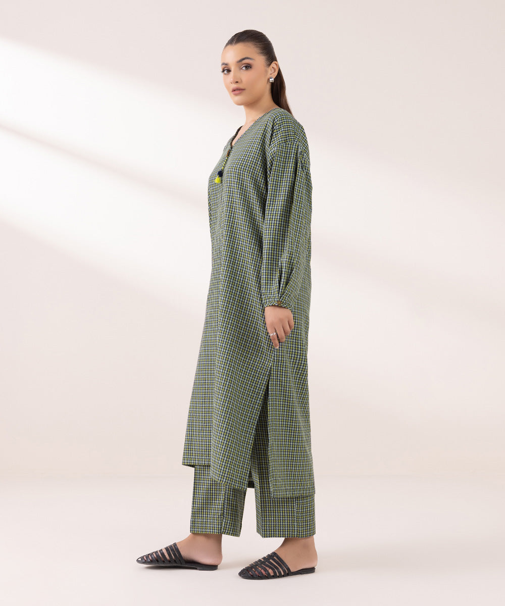 Women's Pret Yarn Dyed Solid Green A-Line Shirt