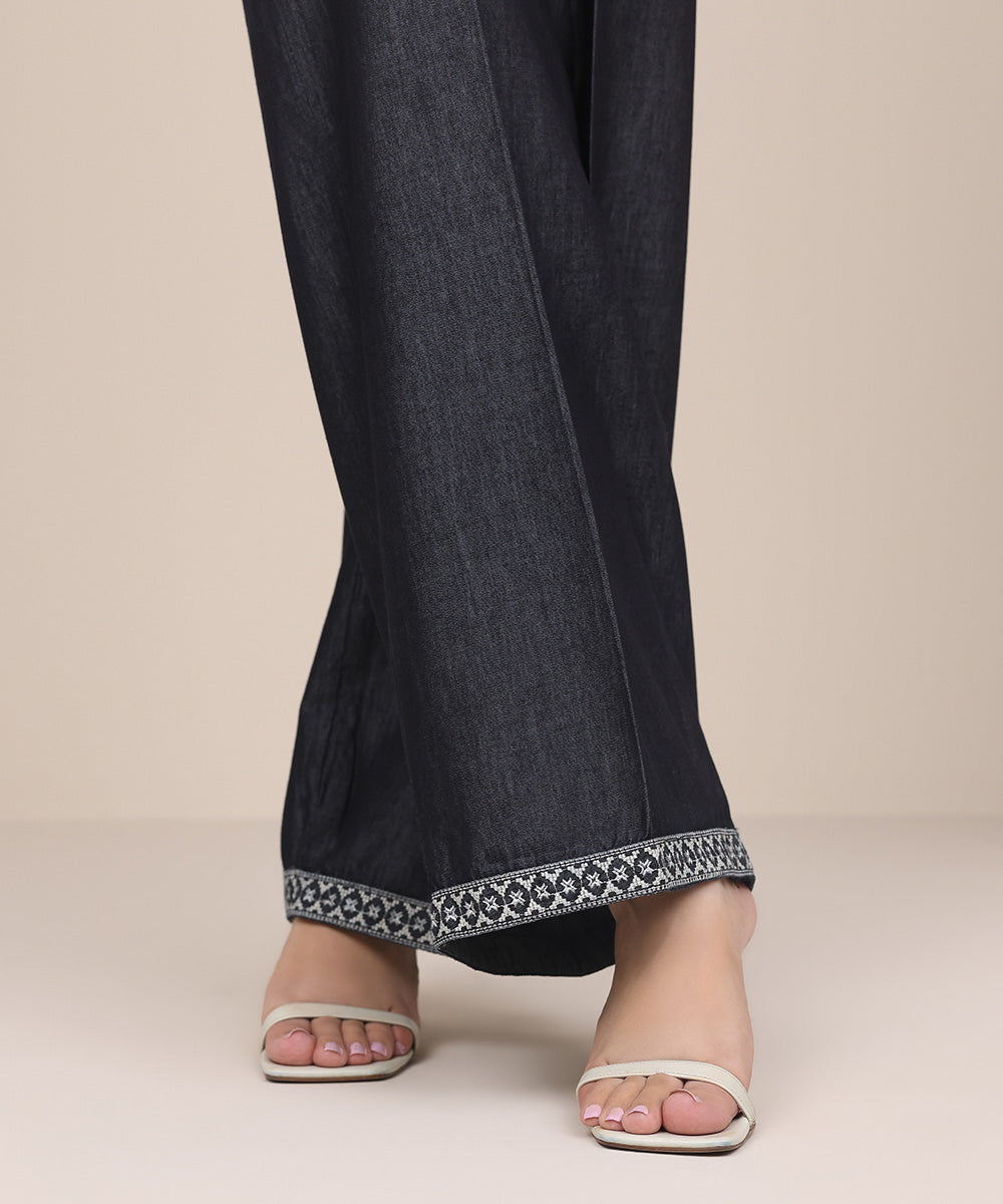 Women's Pret Denim Black Embroidered Culottes