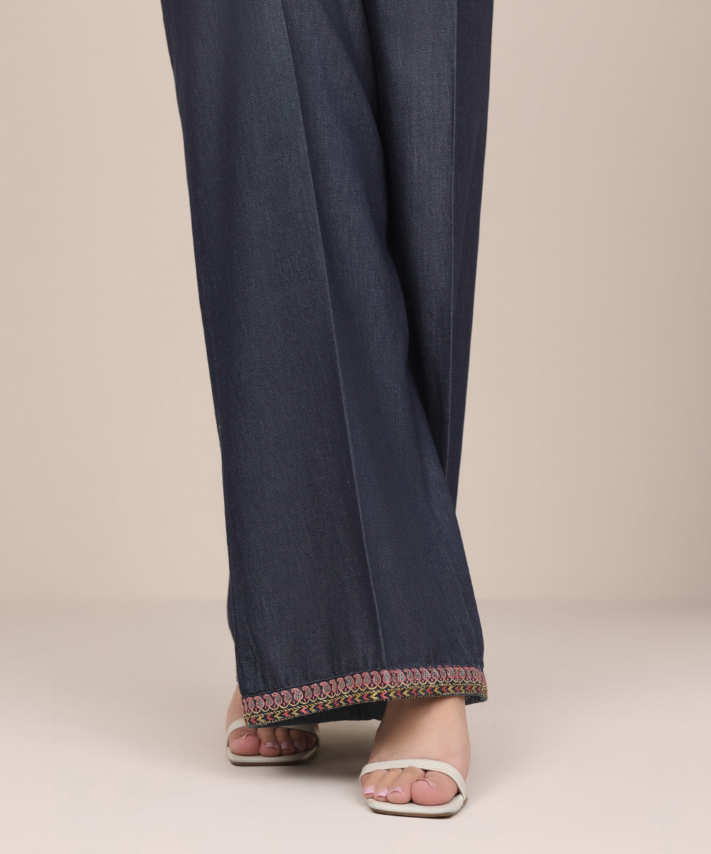 Women's Pret Denim Blue Embroidered Culottes