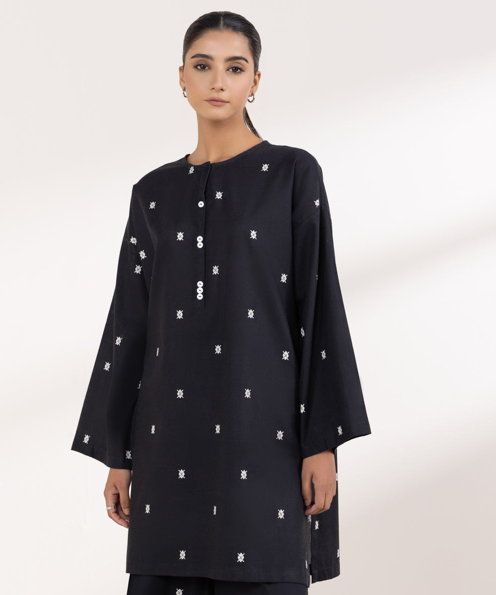 Women's Pret Khaddar Printed Black Boxy Shirt