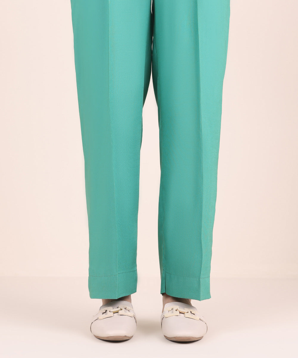 Women's Pret Linen Blue Solid Straight Pants