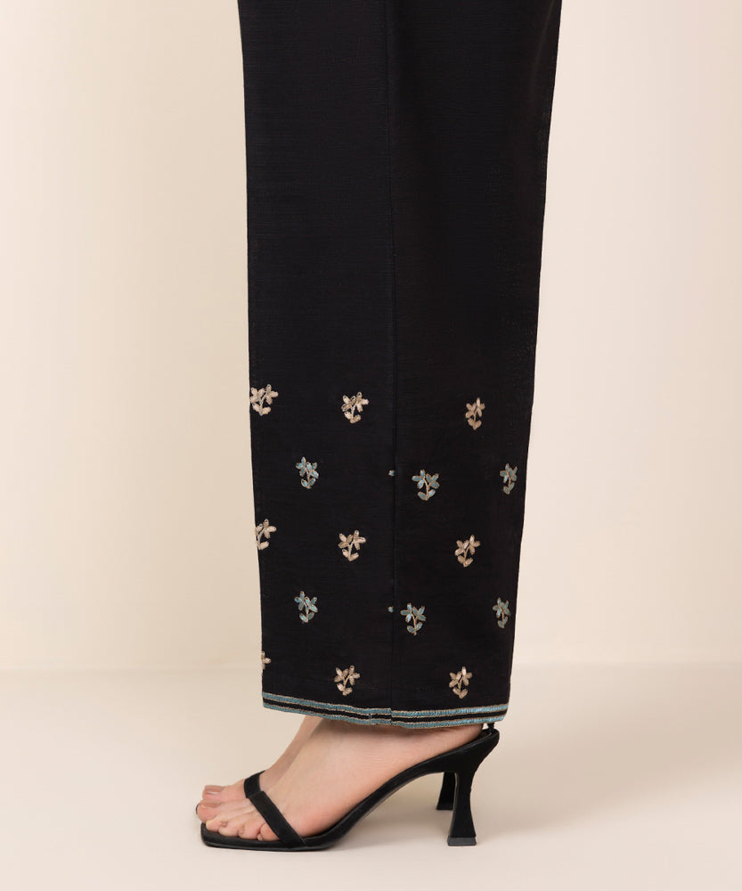 Women's Pret Black Embroidered Khaddar Straight Pants