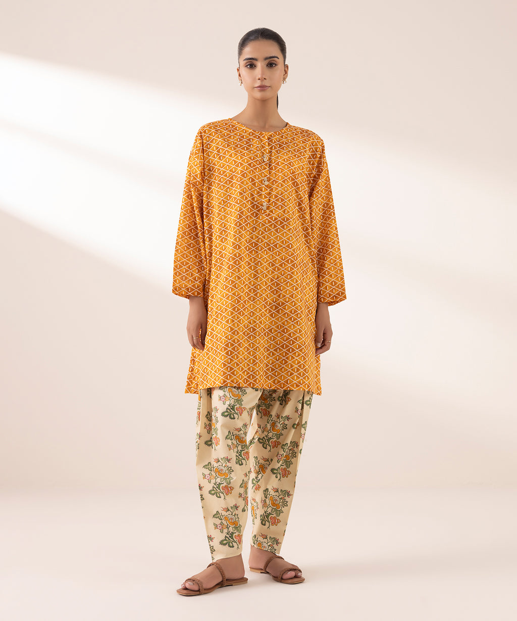 Women's RTW Lawn Orange Printed Boxy Shirt