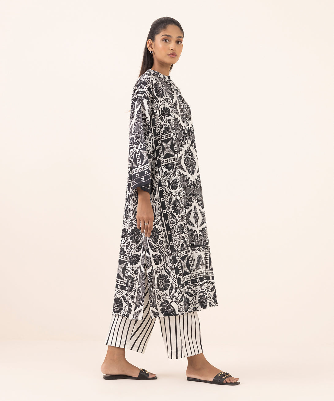 Women's RTW Dobby Black Printed Drop Shoulder Shirt