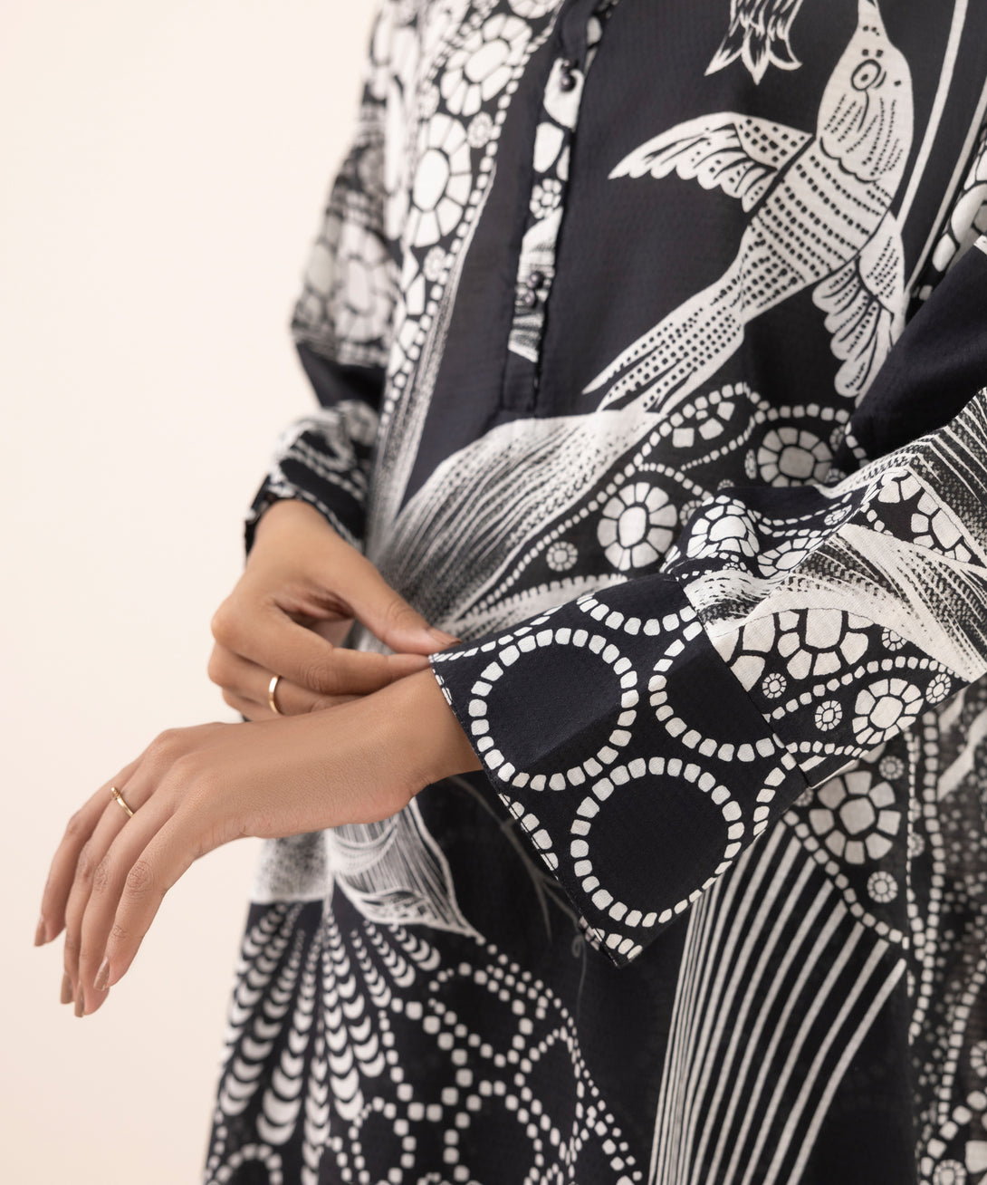 Women's RTW Dobby Black Printed Boxy Shirt