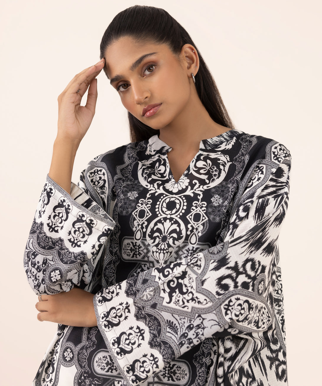 Women's RTW Dobby Black Printed Drop Shoulder Shirt