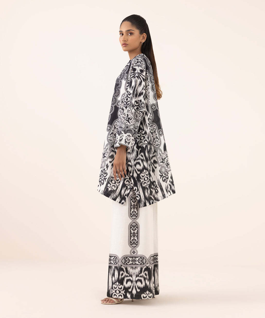 Women's RTW Dobby Black Printed Drop Shoulder Shirt