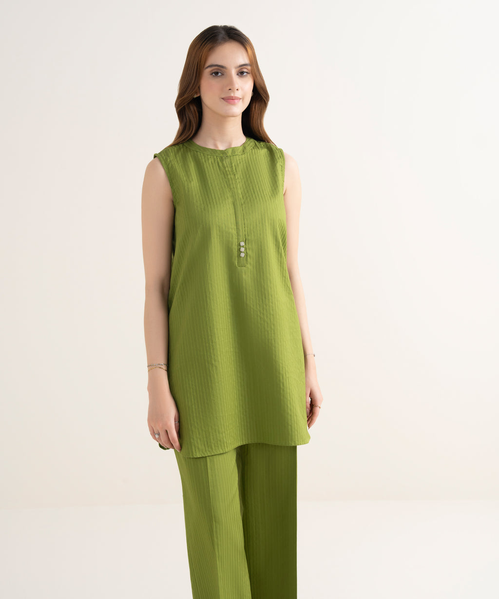 Women's RTW Handwoven Dobby Solid Straight Green Shirt