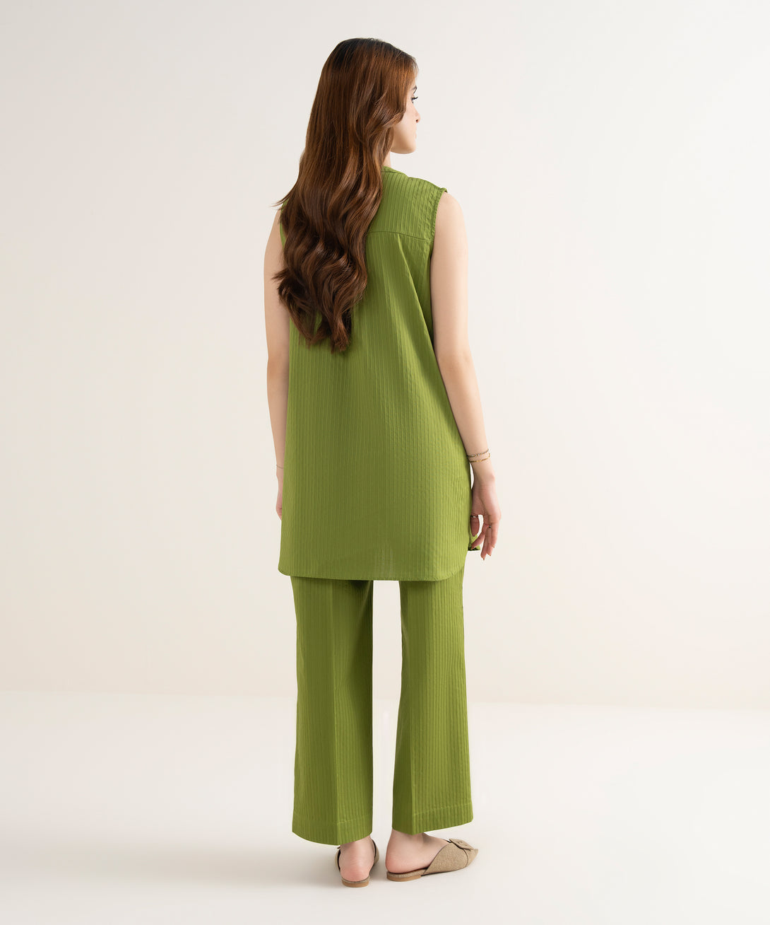 Women's RTW Handwoven Dobby Solid Straight Green Shirt