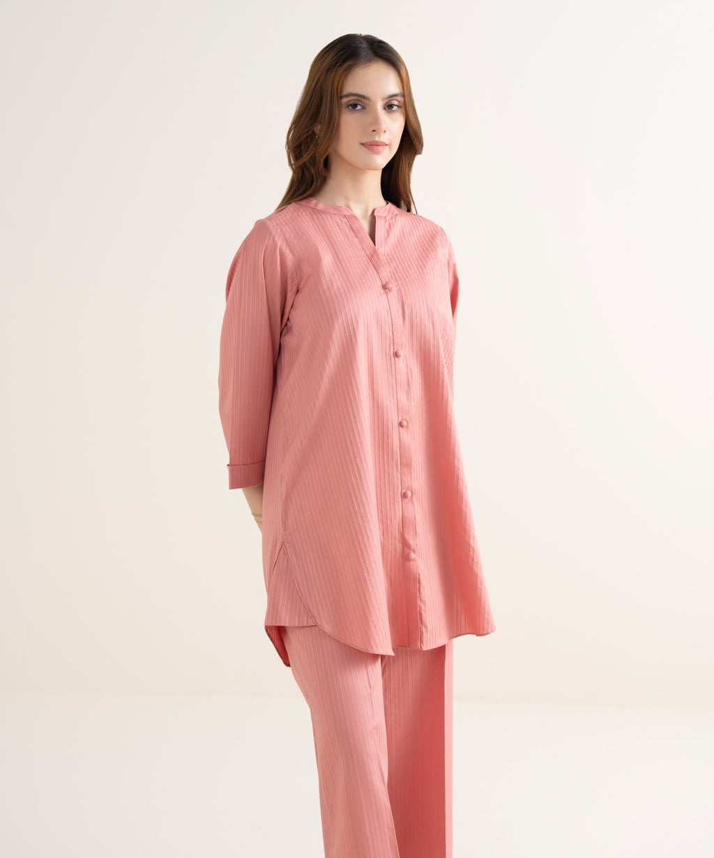 Women's RTW Handwoven Dobby Solid Button Down Pink Shirt