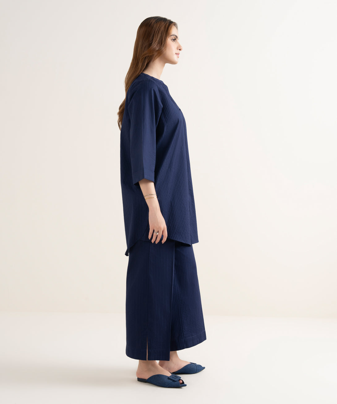 Women's RTW Handwoven Dobby Solid Button Down Blue Shirt