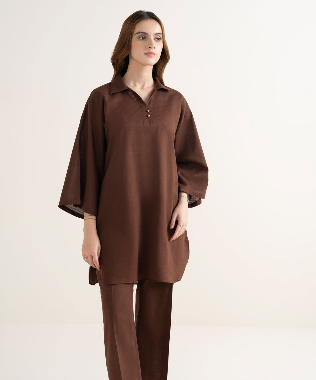 Women's RTW Handwoven Dobby Solid Boxy Brown Shirt