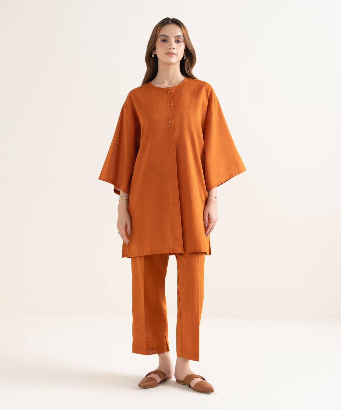 Women's RTW Handwoven Dobby Solid Boxy Orange Shirt