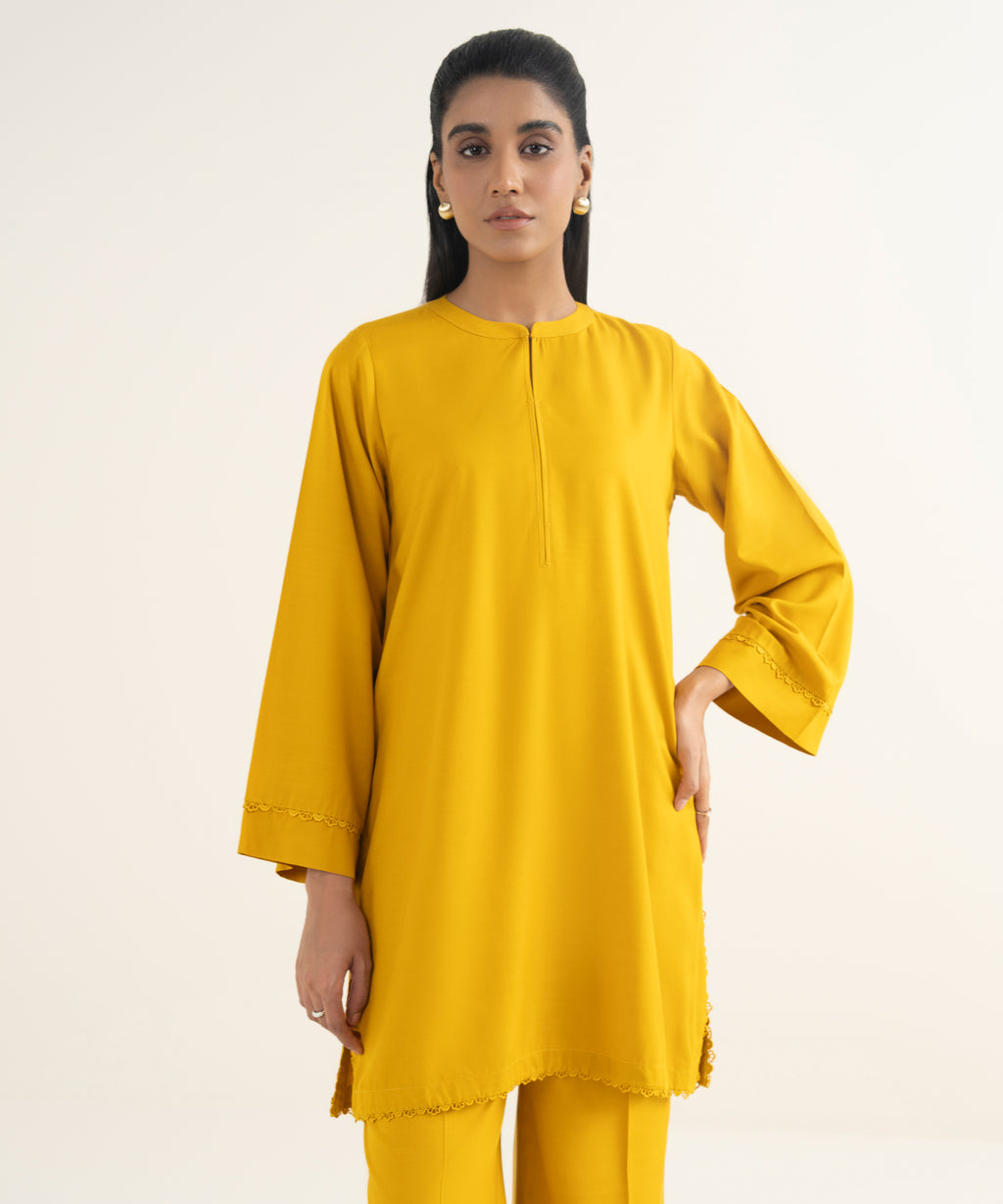 Women's RTW Khaddar Solid Yellow Straight Shirt