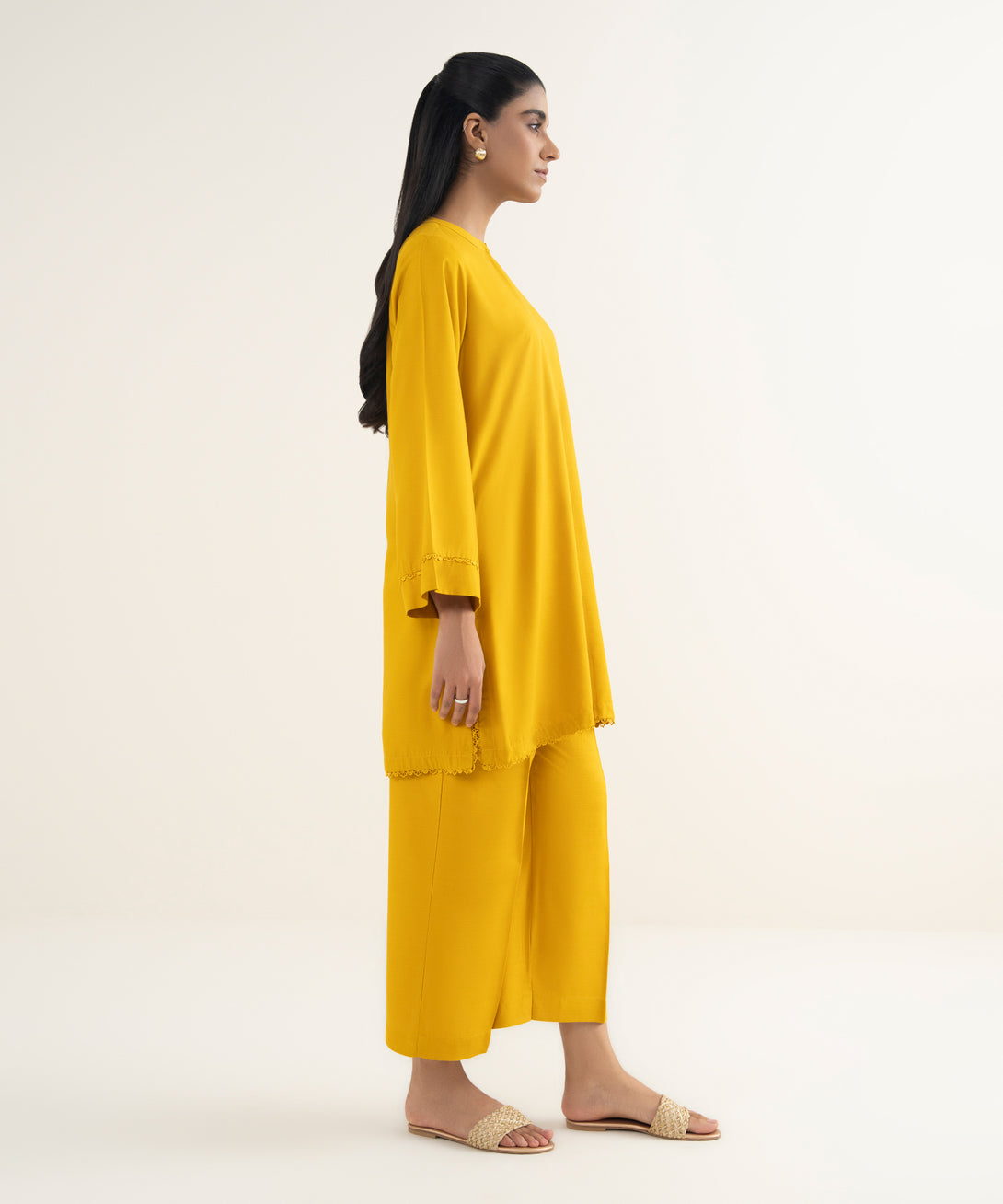 Women's RTW Khaddar Solid Yellow Straight Shirt
