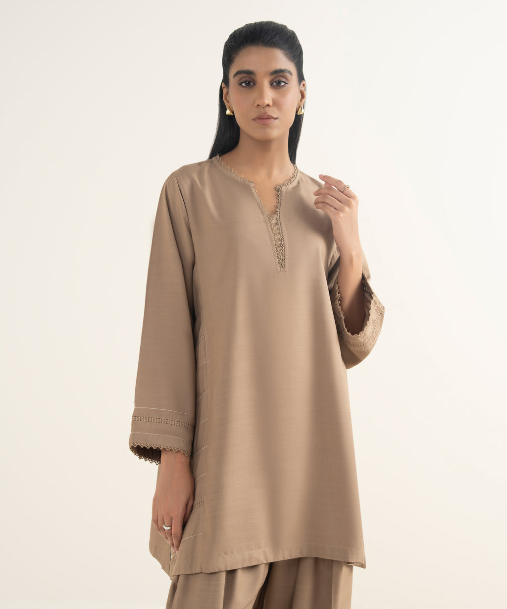 Women's RTW Khaddar Solid Beige Straight Shirt