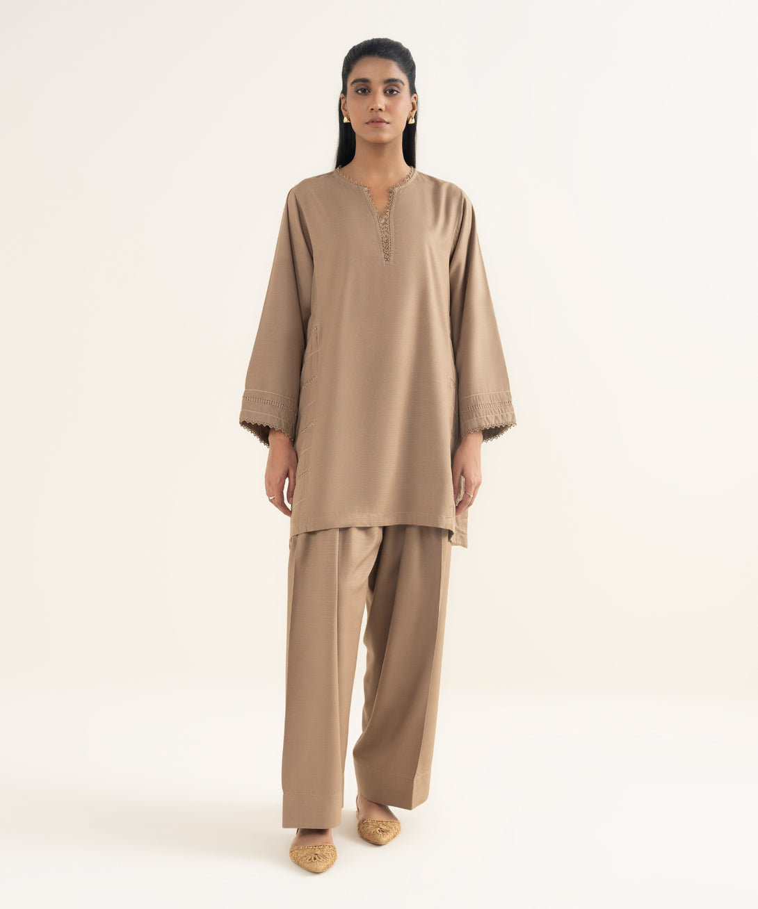 Women's RTW Khaddar Solid Beige Straight Shirt