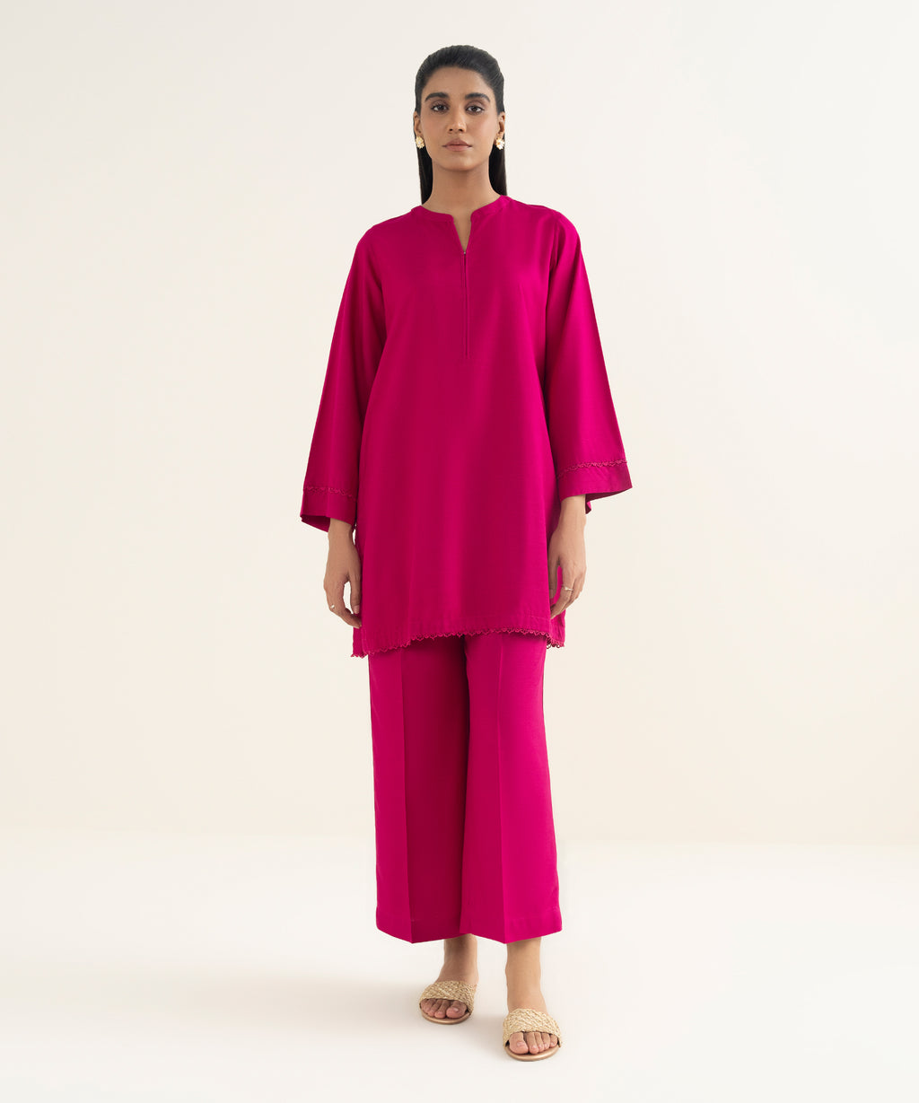 Women's RTW Khaddar Solid Pink Straight Shirt