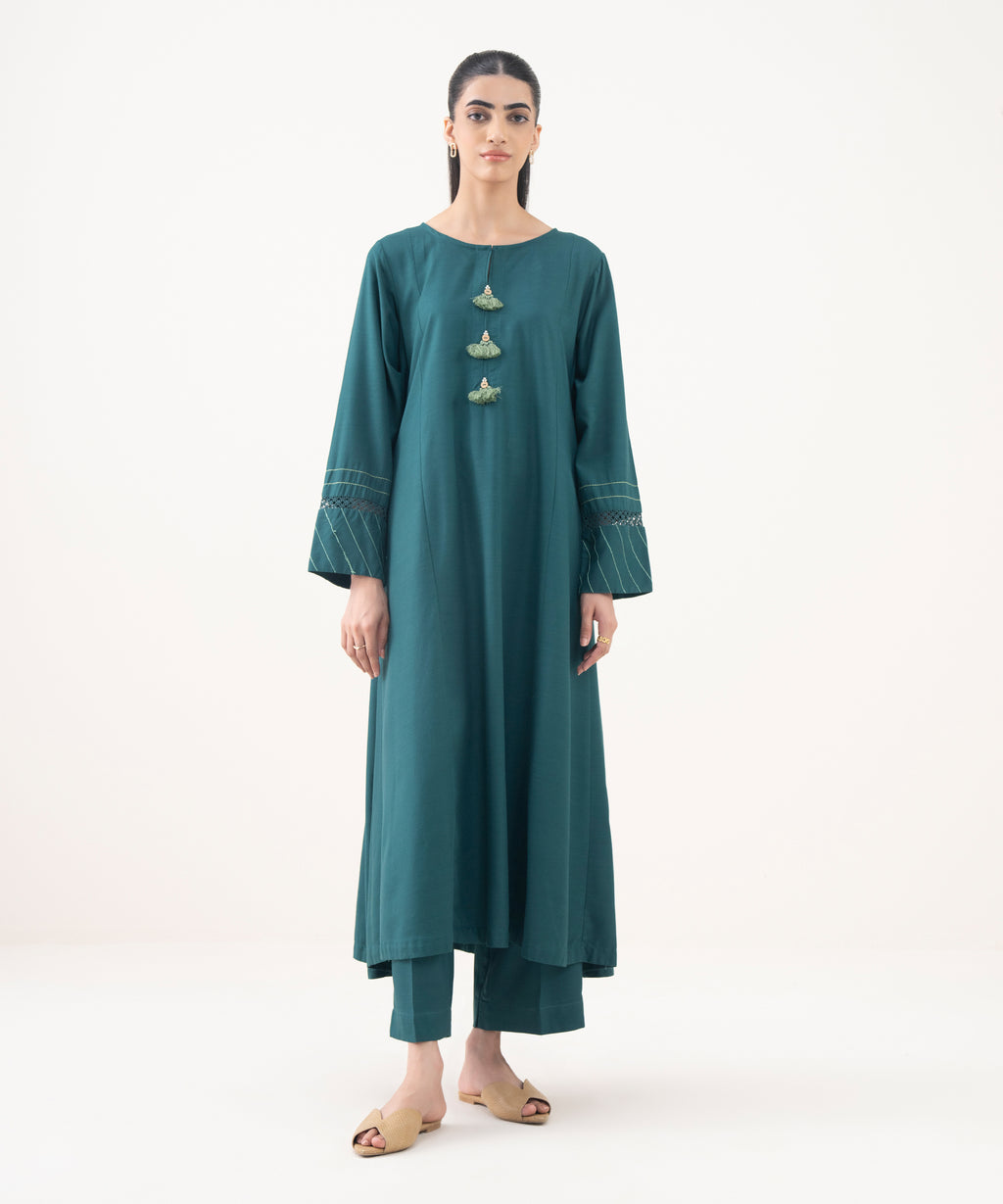 Women's RTW Khaddar Solid Green A-Line Shirt