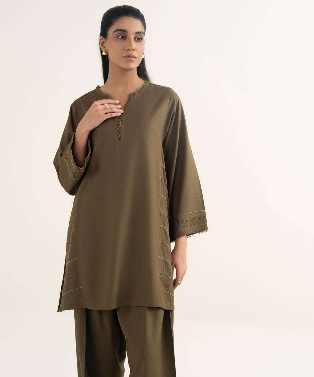 Women's RTW Khaddar Solid Green Straight Shirt