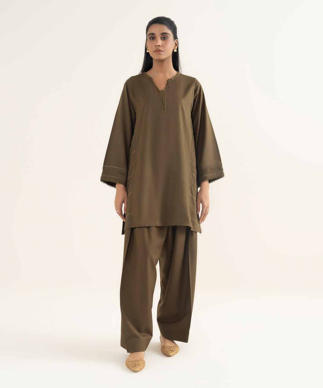 Women's RTW Khaddar Solid Green Straight Shirt