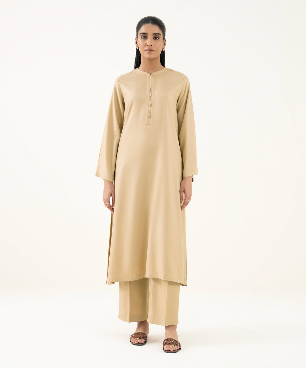 Women's RTW Dobby Beige Solid Straight Shirt