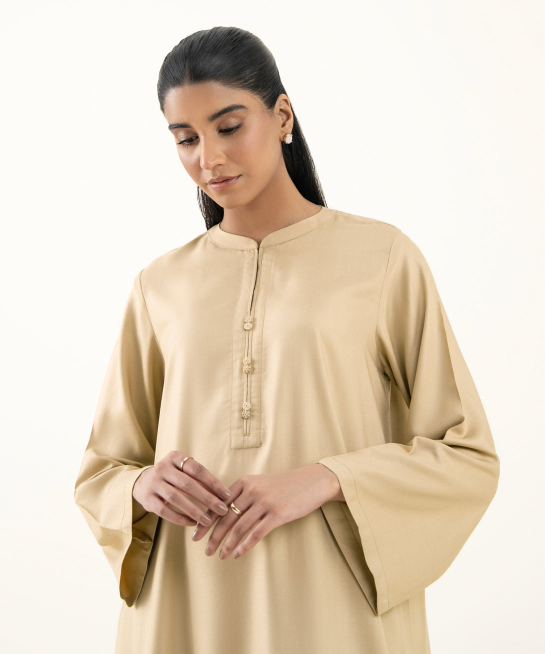 Women's RTW Dobby Beige Solid Straight Shirt